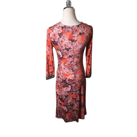 Eva Claudi Dress Women's Size Small Orange Pink Floral Long Sleeve V-Neck - Picture 2 of 8